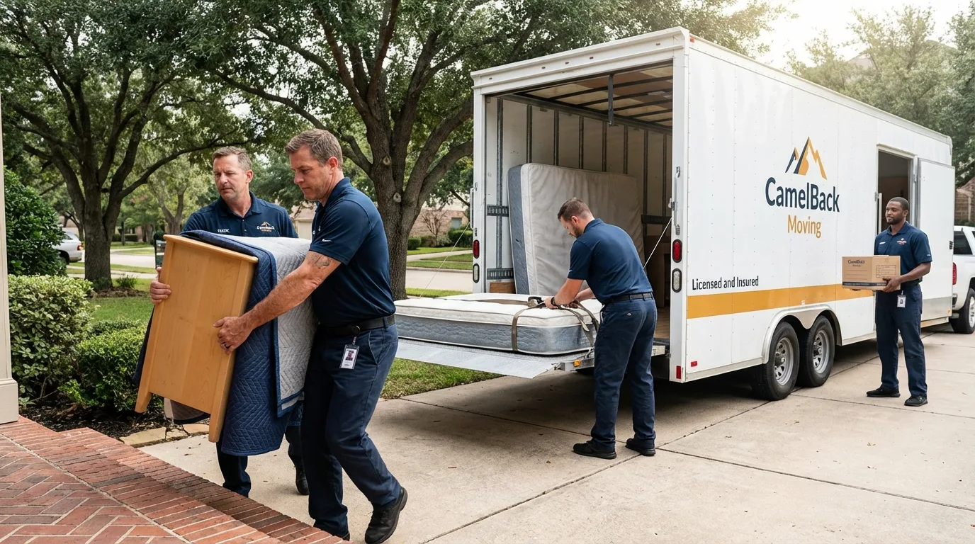 Crew loading residential truck for cross-state move from La Palma, CA