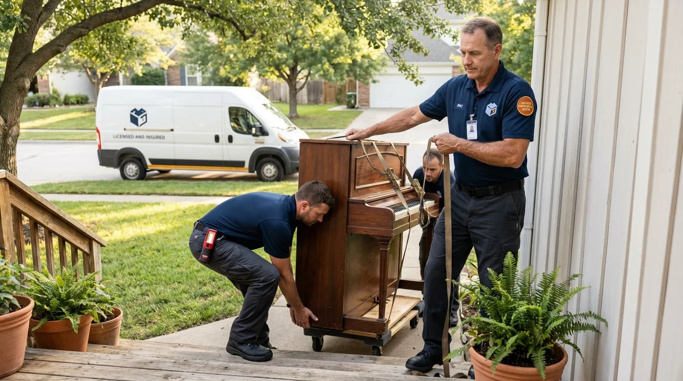 Licensed piano movers securing grand piano in La Palma, CA
