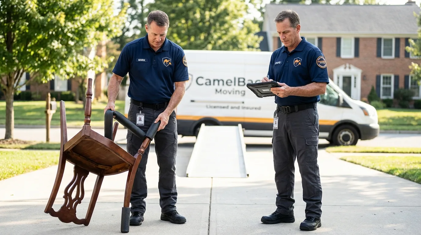Movers inspecting furniture for damage prevention before loading in La Palma, CA
